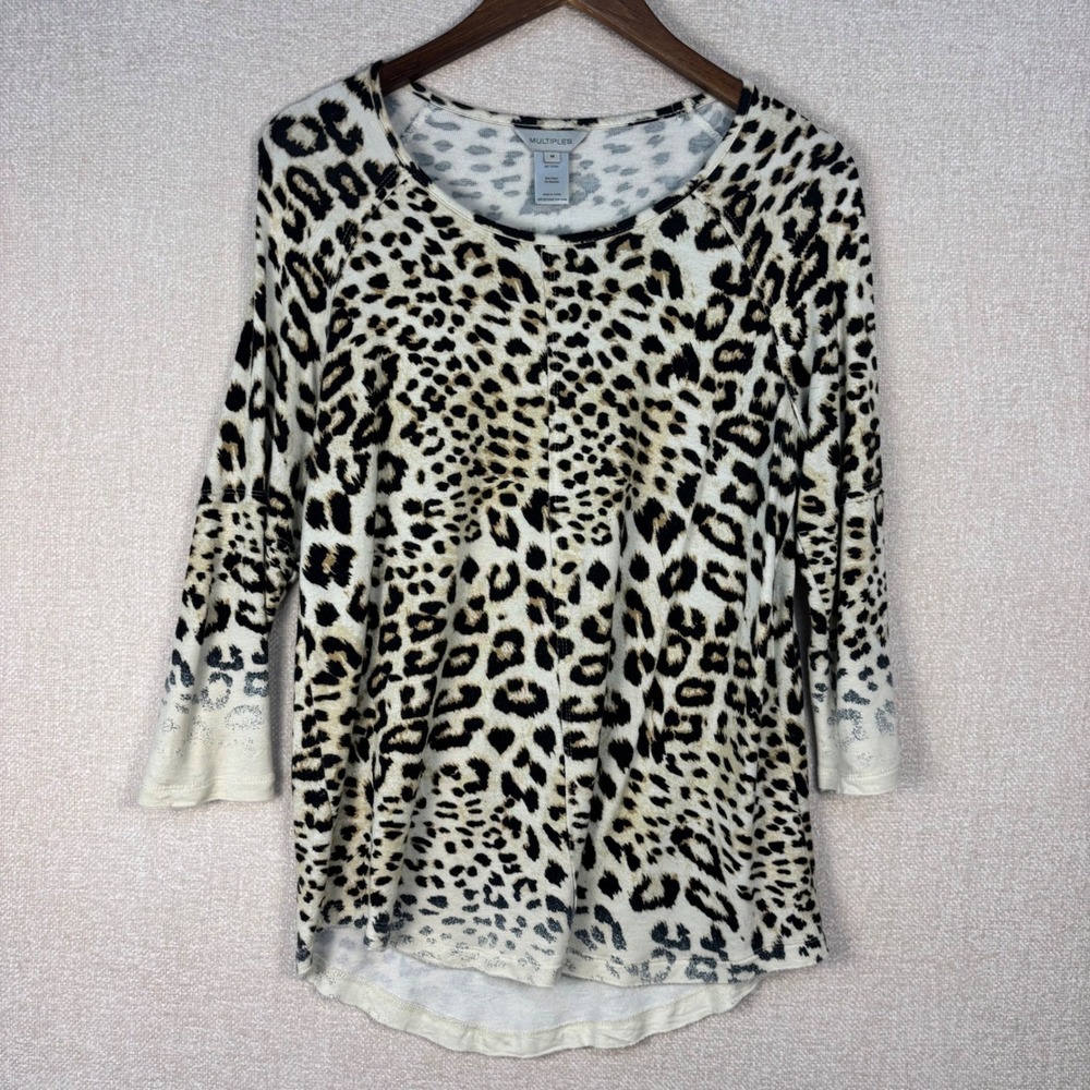Multiples Womens Med Leopard Print 3/4 Sleeve Scoop Neck High Low Top Tan Black